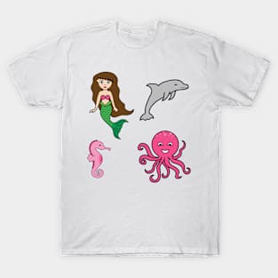 Pink Mermaid and Friends Stickers T-Shirt